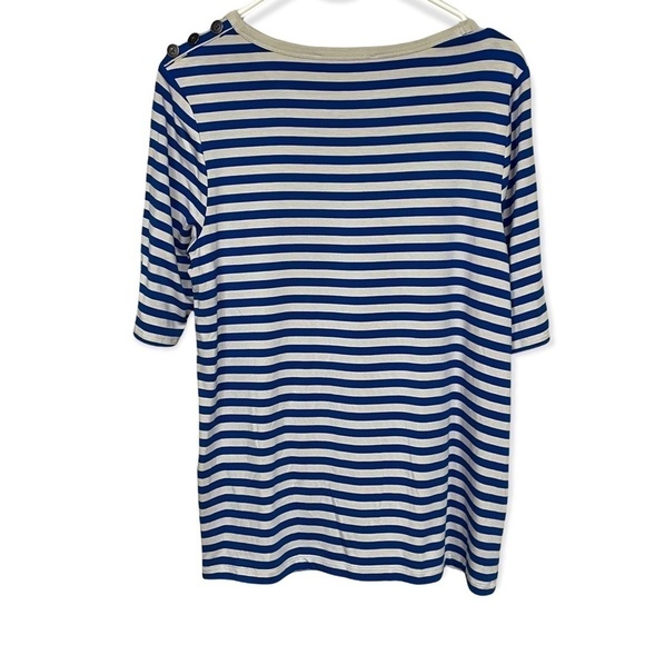 41 Hawthorne Blue Grey Short Sleeved Striped Tee, Shoulder Button Accent, Medium - Picture 2 of 7